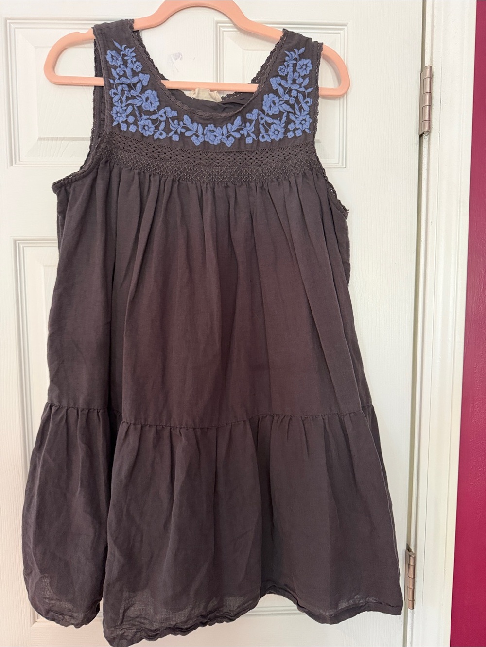 Lucky Brand Dark Gray Dress with Blue Floral Embroidery